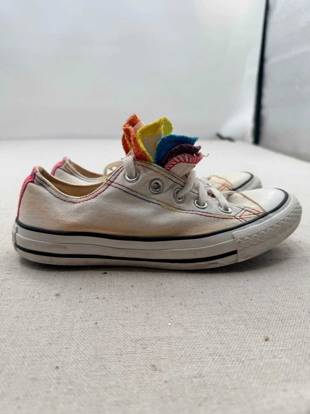 Converse Kids Low Top Sneakers with Rainbow Layered Tongues - White